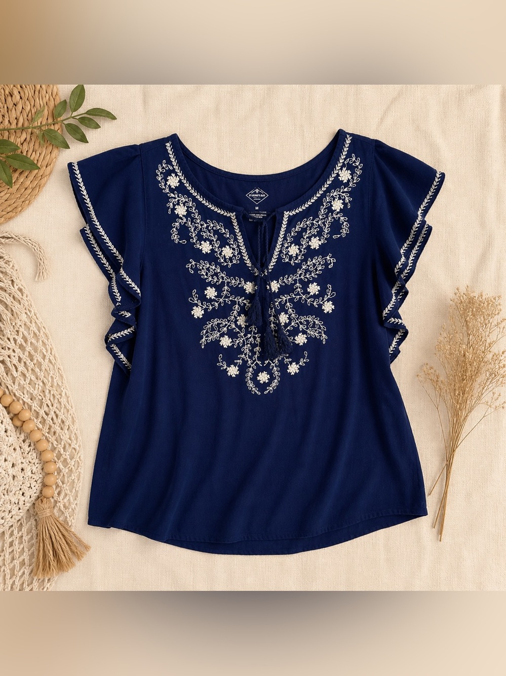 St. John’s Bay Navy Embroidered Boho Peasant Coastal Top Tassel Flutter Sleeve M - Picture 5 of 17